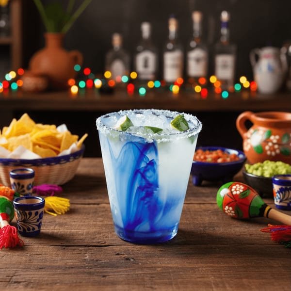 A blue margarita with chips, salsa, guacamole, and maracas on a wooden table.