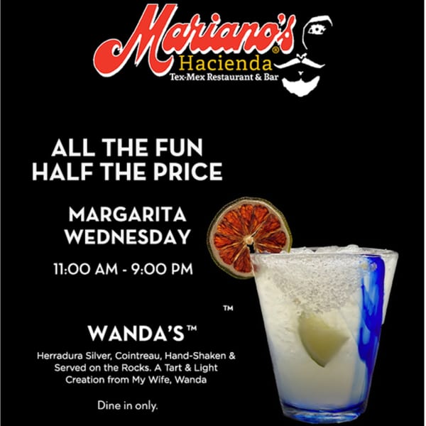 Mariano's Hacienda Tex-Mex Restaurant & Bar logo with a margarita and promotional text for "Margarita Wednesday".